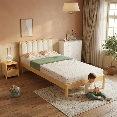 Produktbild von Kinder-Polsterbett 90x200 cm Einzelbett aus Massivholz mit Kunstleder Kopfteil im Wellendesign, stabiler Bettrahmen inklusive Lattenrost für Kinderzimmer, Beige