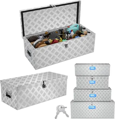 Produktbild von FIVMEN Aufbewahrungsbox Alubox 762x330x244 mm, Aluminium Werkzeugkiste mit Schloss und 2 Schlüsseln, Robuste abschließbare Deichselbox für den Anhänger, stabil und wasserdicht (Silber)