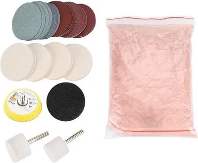Produktbild von Glaspolierset - Ceroxid-Polierpulver, Filzpolierscheibe - Schleifscheiben-Set für Windschutzscheiben und Glas.
