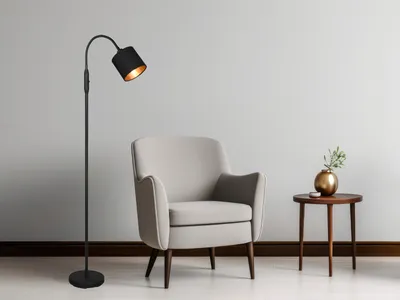 Produktbild von Kleine Wohnzimmer LED Stehlampe mit Stoffschirm Schwarz Gold zum Lesen, H: 130cm