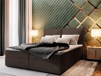 A bedroom scene with a bed, nightstand, and curtains.