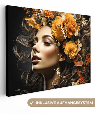 Produktbild von MuchoWow® - Leinwandbilder - Frau - Porträt - Blumen - Farbenfroh, Wandbild, Wanddeko Bilder Wohnzimmer, 120x90 cm
