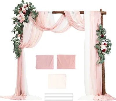 Produktbild von Metall Hochzeit Bogen Set mit Deko - Inkl. 2x Blumen, 3x Vorhänge - Traubogen für Hochzeitsfeier Dekoration