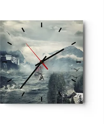 Produktbild von Wanduhr - Quadrat - Glasuhr - Sturm Berge Segelschiff - 40x40cm - Schleichendes Uhrwerk - Lautlos - zum Aufhängen bereit - Dekoration Modern - Wanddekoration aus Glas - C3AC40x40-4208