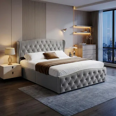 Produktbild von ProximaX Polsterbett 140x200 cm, Samt Bett mit Hubbett Stauraum, Chesterfield Design mit Nieten, Wellenkopfteil, Grau