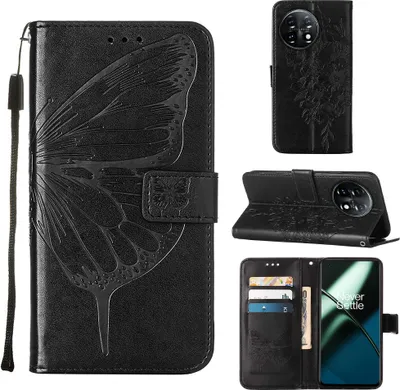 Produktbild von Lederhülle für OnePlus 11 Schmetterling Prägung Flip Ledertasche Kartenfächer Handyhülle mit Ständer Schwarz