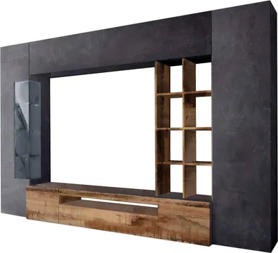 Produktbild von Wohnzimmermöbel Dlazzar, TV-Wohnzimmer-Set, Mehrzweck-Wohnzimmermöbel mit LED-Beleuchtung, 100%  Italy, cm 290x40h192, Schiefer und Ahorn