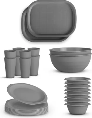 Immagine prodotto di Set di stoviglie (grigio) in plastica PP infrangibile - senza BPA - 28 pezzi (ciotola, piatto, tazza, vassoio) lavabili in lavastoviglie - set per feste, campeggio e picnic per bambini