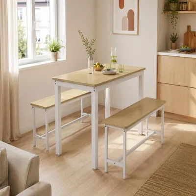 Produktbild von ProximaX Esstisch Set 3-teilig 110x60 cm Holzoptik mit 2 Sitzbänken, platzsparender Küchentisch mit Metallgestell