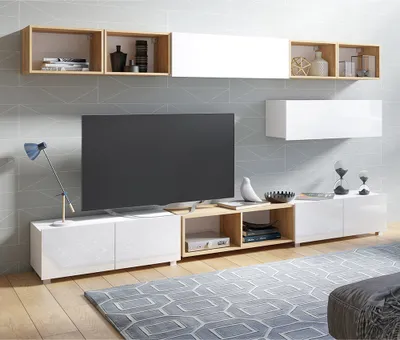 Produktbild von Wohnwand Set, stehend oder hängend, in weiß Hochglanz mit Artisan Eiche Nb. CAIRNS-132, B/H/T ca. 300/200/43 cm