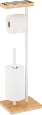 Image de Porte-rouleau de papier toilette avec étagère - Porte-rouleau de papier toilette sur pied - Pour 3 rouleaux - 66,5 x 21 x 17 cm - Bambou - Métal - Blanc - Naturel