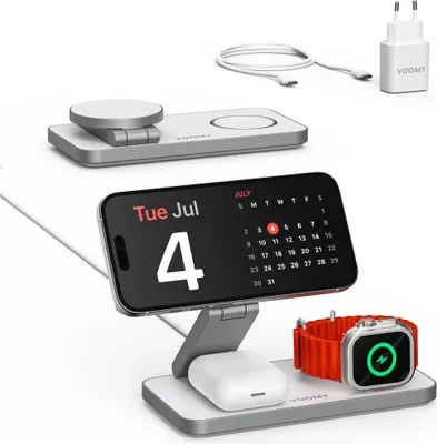 A 3-in-1 wireless charging station with a phone, smartwatch, and earbuds charging.