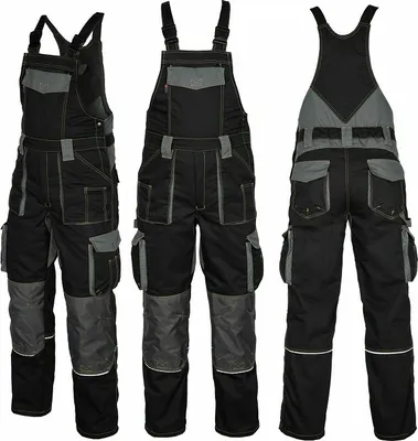 Three views of a pair of black and gray work overalls against a white background.