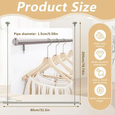 Produktbild von Kleiderstange aus Edelstahl, höhenverstellbar 0-200 cm, Deckenhaken, für Garderobe
