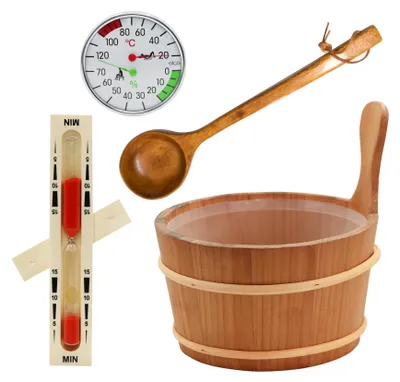 Produktbild von HAF Saunakübel Set Thermo-Espe 4 Liter + Einsatz, Saunakelle, Sanduhr und Klimamesser | Feuchtigkeitsresistenter Kübel | Qualität:  Germany