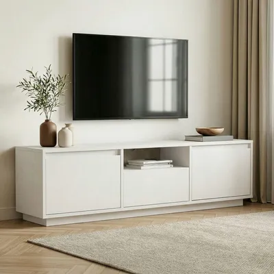Obrázok produktu pre Skye Decor, kvalitný TV stolík, 160 x 42 x 30 cm, prírodná biela | 100 % melamínom potiahnutá drevotriesková doska, hrúbka 18 mm | Ideálny do moderných interiérov, elegantný a funkčný.