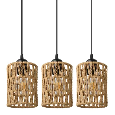 Produktbild von Pendelleuchte Rattan Esstisch 3-Flammig,Hängelampe Deckenleuchte Boho mit 3 Birnen,Deckenlampe E27 Höhenvestellbar Wohnzimmer Schlafzimmer Esszimmer
