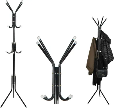 A collage of three images showing a black coat rack with multiple hooks.