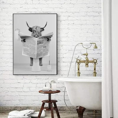 Productafbeelding van Canvasprint van een Schotse Hooglandkoe in bad, zwart-wit, 70x100 cm, zonder lijst