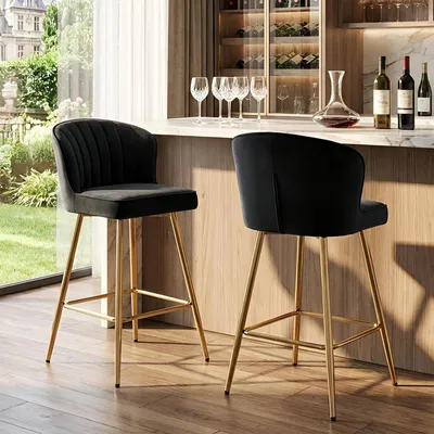 Produktbild von Barhocker 2er Set Samt mit gequilteter Rückenlehne und goldenen Metallbeinen Schwarz