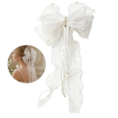 Produktbild von Haarschmuck für Mädchen zurErstkommunion–Weißes Blumenkranz mit Perlen und Organza-Ribbon,ideal für Taufe,Hochzeit,Blumenmädchen und festliche Anlässe