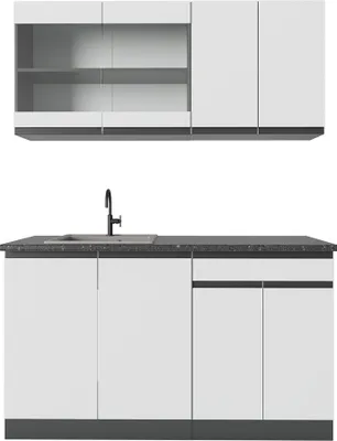 A modern kitchen unit with upper cabinets and a base unit with a sink and faucet.