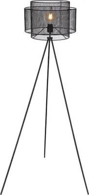 A black tripod floor lamp with a mesh shade.