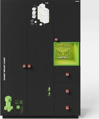 A Minecraft-themed wardrobe with multiple doors and drawers, featuring graphics from the game.