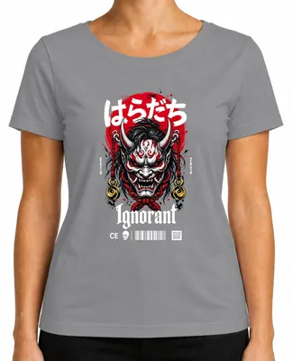 Obrázok produktu pre Tričko s potlačou "Maske Hannya", motív japonského démona Haradachi, štýl Y2K, dizajn pre dámy, farba: sivá, veľkosť: L