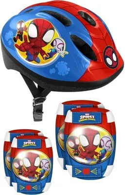 Zdjęcie produktu dla Kask i Ochraniacze Spiderman Dziecięce, Regulowane, Zestaw Nakolanników i Nakładki na Łokcie
