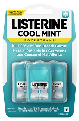 Produktbild von Lösliche Streifen, Listerine, PocketPaks Cool Mint, Mundpflege, zuckerfrei, Set mit 3 x 24 Streifen