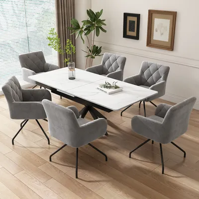 Produktbild von MODFU Esszimmerstuhl Küchenstuhl Relaxsessel 6er set mit 4 Metallbeinen Polstersessel,Lendenwirbelstütze,für Shlafzimmer,Arbeitzimmer und Schreibtisch,Samt,Hellgrau