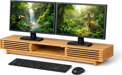 Obrázok produktu pre Stojan na monitory Relaxdays, pre 2 monitory, s 3 priehradkami, rozmery: 14 x 96,5 x 24,5 cm, bambus, podstavec na monitory, prírodná farba