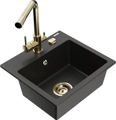 Produktbild von Mexen Milo 1-Becken-Granit-Spüle mit Mischbatterie Duero, Schwarz/Gold metallisch - 6505-75-671600-50