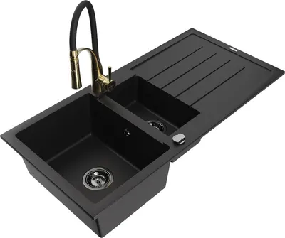 Produktbild von Mexen Andres 1,5-Becken-Granitspüle mit Abtropffläche und Mischbatterie Aster, Schwarz - 6515-77-73450-57-B