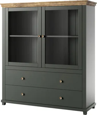 Produktbild von Highboard mit Glaseinsätzen und LED Beleuchtung EPSOM-83 Landhaus grün mit Lefkas Eiche Nb., B/H/T: ca. 126/138/42 cm