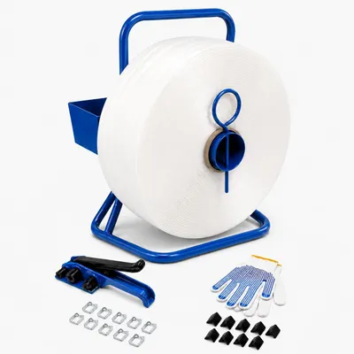 Immagine prodotto di Set completo per reggiatura da 16 mm con dispenser, tenditore, 850 m di nastro in poliestere, guanti, 500 fermagli e 100 angolari di protezione – Set da imballaggio per pallet, spedizioni e magazzino