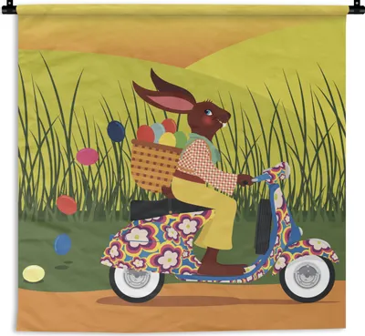 Produktbild von MuchoWow® Wandteppich Wandbehang Illustration des Osterhasen auf einer Vespa 150x150 cm Tapisserie Dekoration Wandtuch - Wohnaccessoires - Modernes