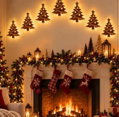 Image de 7 pièces de décoration murale pour Noël, éclairées et avec télécommande. Décorations de Noël en bois