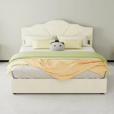 Imagen del producto de Cama tapizada Zerbaco, tamaño doble, 160x200 cm, con cajón de almacenamiento hidráulico y somier, color beige