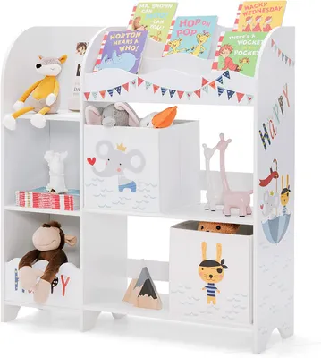 Produktbild von GOPLUS 3-stöckiges Kinder-Bücherregal & Spielzeug-Organizer mit 3 Bücherfächern & 2 Aufbewahrungsboxen, freistehender Kinder-Aufbewahrungsschrank
