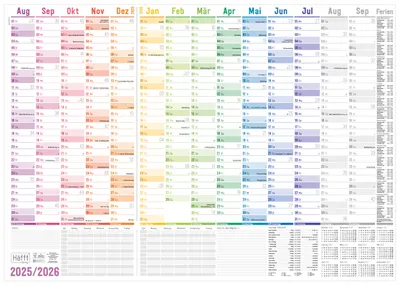 Produktbild von Wandkalender Schuljahr 25/26 [Rainbow] 89cm x 63cm (A1+) gefalzt Eurolochung