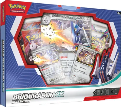 A product box for a Pokemon trading card game collection, featuring artwork and cards.