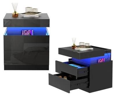 Image de Table de chevet à LED - 2 tiroirs dissimulés - Ports de recharge USB et Type-C - Éclairage à capteur - Étagère ouverte - Noir