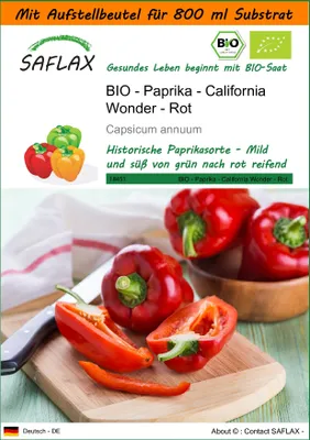 Produktbild von SAFLAX Garden in the bag - BIO - Paprika - California Wonder - Rot - Capsicum annuum - 20 Samen - Mit Anzuchtsubstrat im praktischen, selbst aufstellenden Beutel