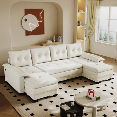 Immagine prodotto di MODFU Divano letto a U Divano da salotto con funzione letto estraibile Divano modulare Divano ad angolo con funzione di ricarica USB Divano a tre posti con braccioli rimovibili Beige