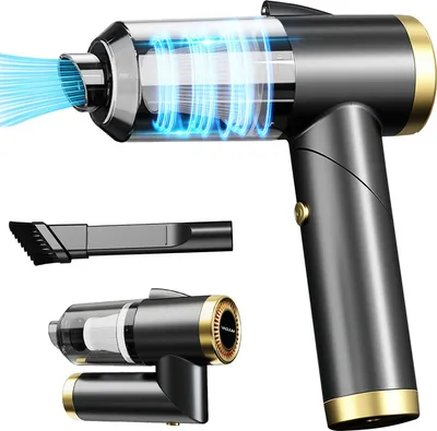 A handheld vacuum cleaner and its accessories are displayed against a white background.
