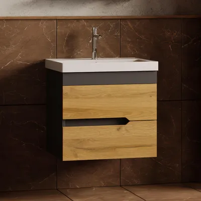 Produktbild von Waschtisch mit Unterschrank 60 Eiche/Anthrazit Waschbeckenunterschrank & Keramik