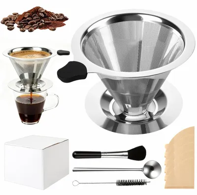 Kegelförmiger Kaffeefilter aus Edelstahl, wiederverwendbar, mit Zubehör
