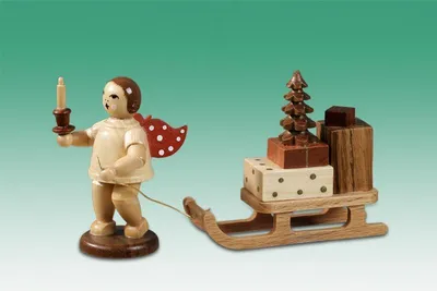 Produktbild von Holzfigur Weihnachtsengel mit Schlitten und Krone natur Höhe 6,5cm NEU